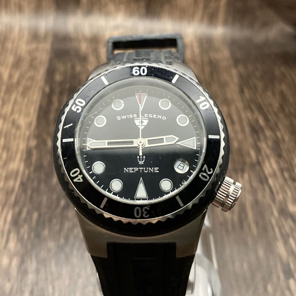 Swiss Legend Neptune Ladies Watch Black Dial Rubber Case, Stainless Steel Workin